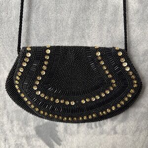 VTG  Purse Women's Black Gold Sequence Beaded Long Strap Clutch Evening Cocktail